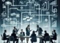 Une réunion d’affaires avec des professionnels assis et debout autour d’une table, interagissant les uns avec les autres, sur fond de graphiques et d’icônes technologiques lumineux.