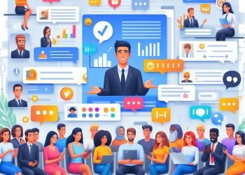 Une illustration colorée représentant un homme d’affaires au centre entouré de diverses personnes assises et debout en interaction, avec des icônes de médias sociaux et des graphiques flottant autour pour symboliser la communication numérique et le réseautage social.