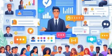Une illustration colorée représentant un homme d’affaires au centre entouré de diverses personnes assises et debout en interaction, avec des icônes de médias sociaux et des graphiques flottant autour pour symboliser la communication numérique et le réseautage social.