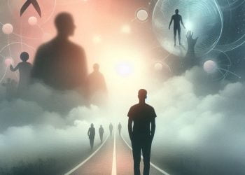 ne route menant à une lumière éclatante avec des silhouettes humaines et des symboles abstraits dans un ciel coloré, suggérant un voyage ou une prise de conscience.