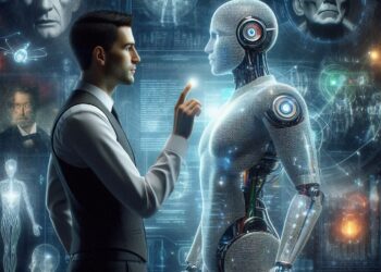 Une scène futuriste où un humain en costume interagit avec un robot humanoïde dans un environnement high-tech. En arrière-plan, des écrans numériques affichent des diagrammes anatomiques et cybernétiques. L’humain semble toucher le front du robot, qui a une structure cérébrale mécanique exposée. Cette scène suggère une interaction entre l’humain et le robot, explorant des thèmes comme l’intelligence artificielle, la robotique et l’avenir des relations homme-machine.