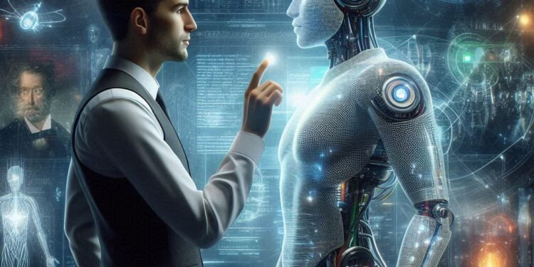 Une scène futuriste où un humain en costume interagit avec un robot humanoïde dans un environnement high-tech. En arrière-plan, des écrans numériques affichent des diagrammes anatomiques et cybernétiques. L’humain semble toucher le front du robot, qui a une structure cérébrale mécanique exposée. Cette scène suggère une interaction entre l’humain et le robot, explorant des thèmes comme l’intelligence artificielle, la robotique et l’avenir des relations homme-machine.