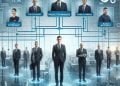 Image conceptuelle représentant une structure organisationnelle d’entreprise avec des icônes de personnes reliées par des lignes bleues, sur fond de salle de serveurs et d’engrenages holographiques.