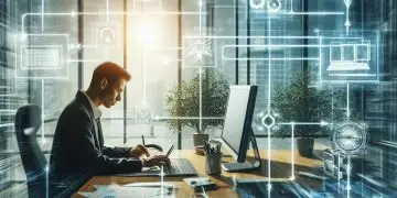 Une personne assise à un bureau devant un ordinateur, entourée de graphiques et d’icônes holographiques représentant des données et des réseaux de communication.