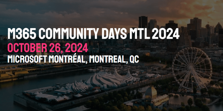 Image promotionnelle pour M365 Community Days MTL 2024, avec une vue panoramique de Montréal au crépuscule, mettant en évidence la grande roue et les bâtiments emblématiques de la ville.