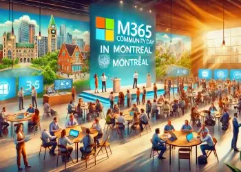 Un événement intitulé “M365 Community Day in Montreal” avec des participants engagés dans diverses activités, certains utilisant des ordinateurs portables, d’autres discutant, et un groupe autour d’une scène avec deux présentateurs