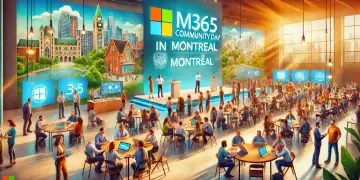 Un événement intitulé “M365 Community Day in Montreal” avec des participants engagés dans diverses activités, certains utilisant des ordinateurs portables, d’autres discutant, et un groupe autour d’une scène avec deux présentateurs