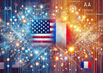 Une image composite numérique montrant les drapeaux des États-Unis et de la France au centre avec un arrière-plan de carte de circuit imprimé et des éléments binaires, symbolisant la connectivité mondiale et les différences dans les corpus d’entraînement des modèles d’IA générative anglophones américains et francophones.