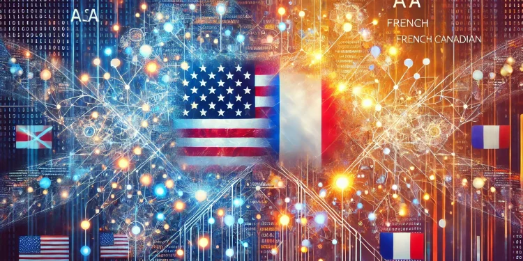 Une image composite numérique montrant les drapeaux des États-Unis et de la France au centre avec un arrière-plan de carte de circuit imprimé et des éléments binaires, symbolisant la connectivité mondiale et les différences dans les corpus d’entraînement des modèles d’IA générative anglophones américains et francophones.