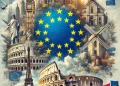 Illustration de l'identité européenne avec le drapeau de l'Union Européenne et des monuments emblématiques, symbolisant l'unité et les défis démocratiques de l'Europe.