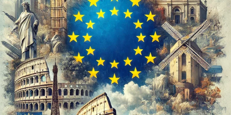 Illustration de l'identité européenne avec le drapeau de l'Union Européenne et des monuments emblématiques, symbolisant l'unité et les défis démocratiques de l'Europe.