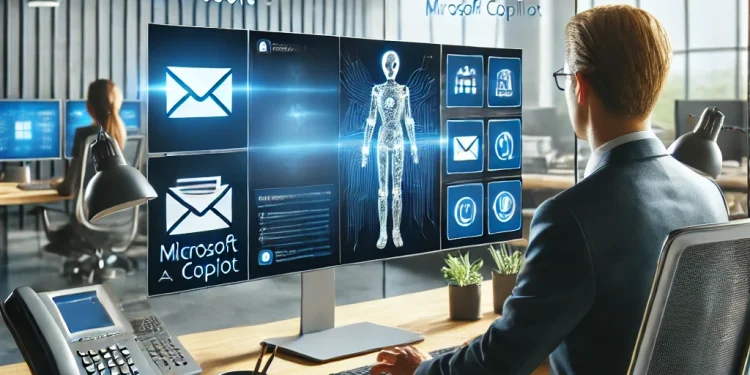 This image depicts a business professional interacting with a computer screen showing Microsoft 365 Copilot and its AI-powered features. The user is seen managing emails, meetings, and tasks in a modern office setting equipped with ergonomic furniture.