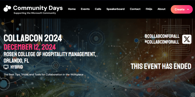 Bannière promotionnelle pour CollabCon 2024, tenue le 12 décembre 2024 au Rosen College of Hospitality Management à Orlando, Floride, avec un fond numérique abstrait.