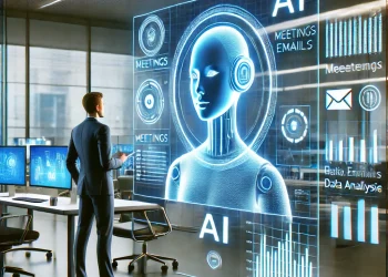 Un employé dans un bureau moderne interagit avec un assistant numérique représentant l'IA qui aide à gérer des réunions, des emails et des analyses de données.