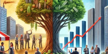 Illustration représentant la différence entre un pays et une entreprise : une communauté sous un arbre symbolisant la nation et un homme d'affaires devant un gratte-ciel représentant l'entreprise.