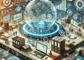 Une illustration d'un espace de travail numérique futuriste. À gauche, un environnement structuré avec des tableaux de bord organisés, des flux de travail sécurisés et des protections de données. À droite, un environnement plus chaotique avec des documents dispersés, des connexions de données ouvertes et une créativité libre.