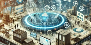 Une illustration d'un espace de travail numérique futuriste. À gauche, un environnement structuré avec des tableaux de bord organisés, des flux de travail sécurisés et des protections de données. À droite, un environnement plus chaotique avec des documents dispersés, des connexions de données ouvertes et une créativité libre.