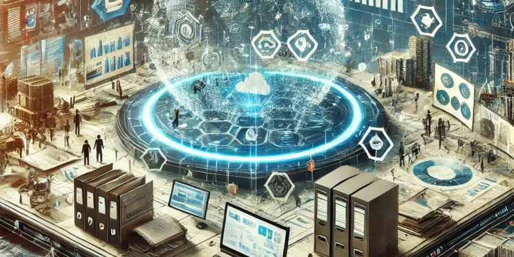 Une illustration d'un espace de travail numérique futuriste. À gauche, un environnement structuré avec des tableaux de bord organisés, des flux de travail sécurisés et des protections de données. À droite, un environnement plus chaotique avec des documents dispersés, des connexions de données ouvertes et une créativité libre.