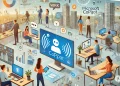 Illustration montrant des professionnels dans un environnement de bureau moderne, utilisant des outils numériques comme Microsoft Copilot et des assistants vocaux personnels tels que Siri et Gemini, représentant l'équilibre entre travail et vie personnelle.