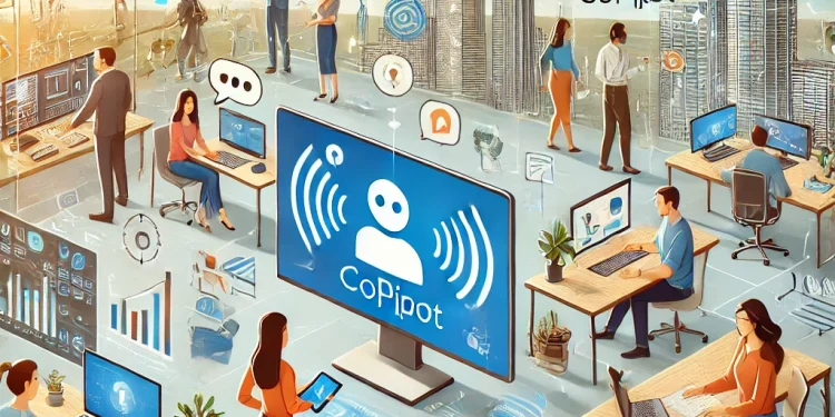 Illustration montrant des professionnels dans un environnement de bureau moderne, utilisant des outils numériques comme Microsoft Copilot et des assistants vocaux personnels tels que Siri et Gemini, représentant l'équilibre entre travail et vie personnelle.