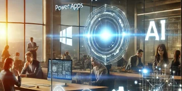 Un groupe de professionnels utilisant une interface holographique interactive pour manipuler les outils Microsoft Power Platform dans un espace de travail technologique avancé.