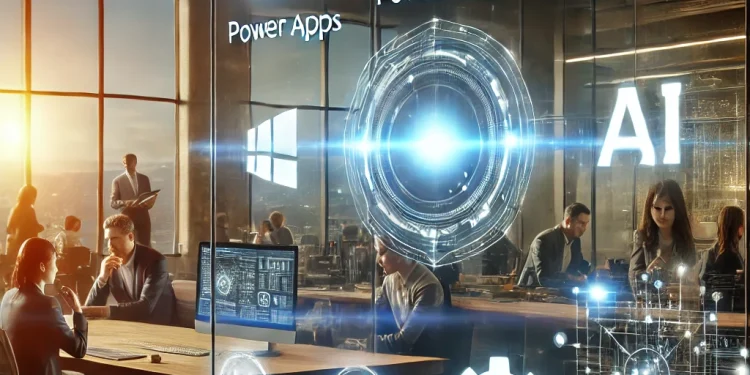 Un groupe de professionnels utilisant une interface holographique interactive pour manipuler les outils Microsoft Power Platform dans un espace de travail technologique avancé.