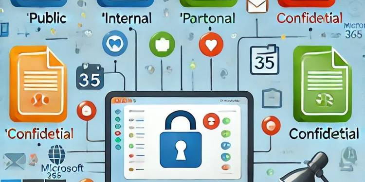 Illustration d'un espace de travail numérique avec des documents visuellement marqués par des couleurs représentant différents niveaux de sensibilité des informations dans Microsoft 365.