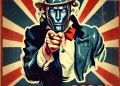 Une affiche de style propagande vintage, montrant une figure futuriste et cybernétique en tenue high-tech, pointant directement vers le spectateur. L’arrière-plan est rétro-futuriste, représentant la course à la technologie.