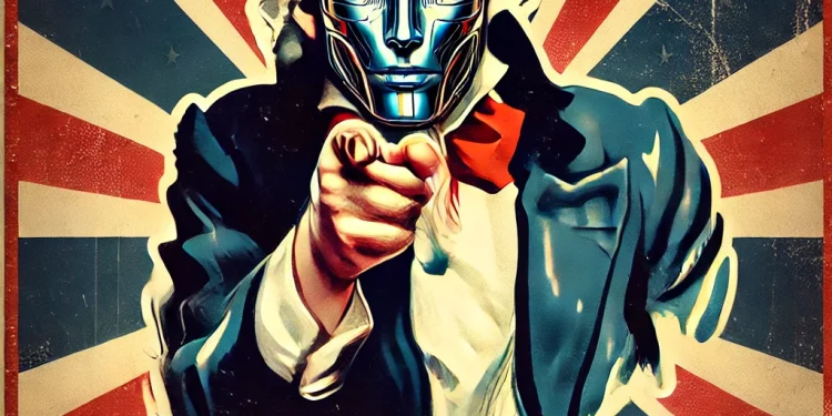 Une affiche de style propagande vintage, montrant une figure futuriste et cybernétique en tenue high-tech, pointant directement vers le spectateur. L’arrière-plan est rétro-futuriste, représentant la course à la technologie.