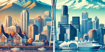 Image divisée verticalement montrant Vancouver avec ses montagnes et son front de mer sur la gauche, et Seattle avec le Space Needle et le mont Rainier sur la droite, représentant le voyage entre les deux villes pour deux événements majeurs Microsoft.
