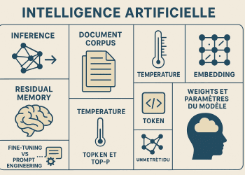 Infographie illustrant les concepts clés de l'intelligence artificielle, incluant inférence, mémoire résiduelle, température, token, embeddings, corpus documentaire, et paramètres du modèle.
