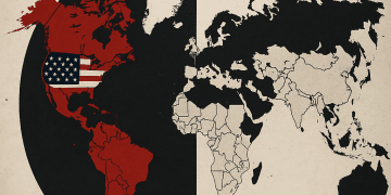 Carte stylisée du monde divisée en deux, avec les États-Unis en rouge vif contrastant avec un reste du monde en gris pâle, représentant une opposition géopolitique binaire.