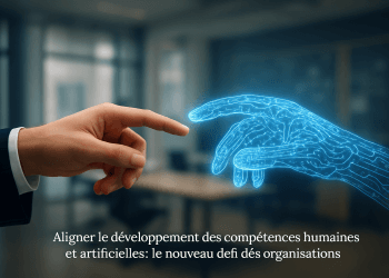 Une main humaine et une main numérique se rejoignant dans un geste de collaboration, symbolisant l'intégration des assistants IA au service du développement des compétences en entreprise.