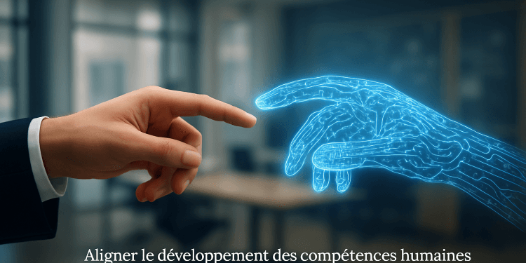 Une main humaine et une main numérique se rejoignant dans un geste de collaboration, symbolisant l'intégration des assistants IA au service du développement des compétences en entreprise.
