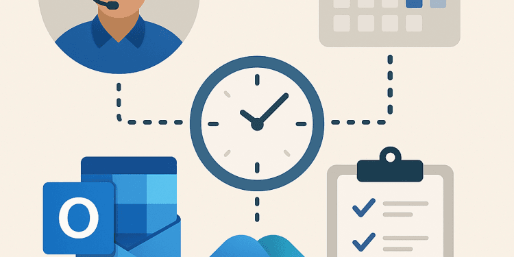 Illustration sans texte montrant un modérateur, un calendrier, une horloge, une checklist, Outlook et le logo Copilot, reliés par des lignes pointillées dans un style épuré.