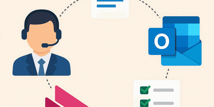 Illustration au format carré montrant un modérateur avec casque, les icônes de Stream, Outlook, transcription et tâches connectés en cercle par des pointillés.