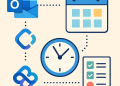 Illustration sans texte de style épuré représentant les icônes d'Outlook, d’un calendrier, d’une horloge, de Microsoft Copilot et d’une liste de tâches connectées par des lignes en pointillé.