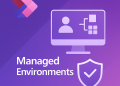 Illustration vectorielle montrant une interface utilisateur sur écran, un schéma de flux applicatif et un bouclier de sécurité, représentant les fonctionnalités clés des environnements gérés dans Microsoft Power Platform.