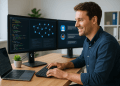 Homme souriant en chemise bleue travaillant sur du code Python et des interfaces de chatbot sur plusieurs écrans dans un bureau moderne.