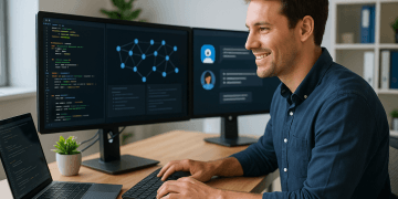 Homme souriant en chemise bleue travaillant sur du code Python et des interfaces de chatbot sur plusieurs écrans dans un bureau moderne.