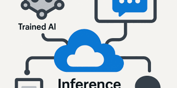 Illustration conceptuelle montrant un cerveau numérique ou réseau de neurones à l’intérieur d’un bouclier transparent, entouré d’icônes de documents, emails et profils, reliés par des flux symbolisant l’inférence IA et la confidentialité des données dans Microsoft 365.