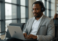 Un homme noir portant un costume gris clair sans cravate, assis en salle d’embarquement d’un aéroport avec un casque audio sur les oreilles, travaille sur un ordinateur portable Microsoft Surface posé sur ses genoux.