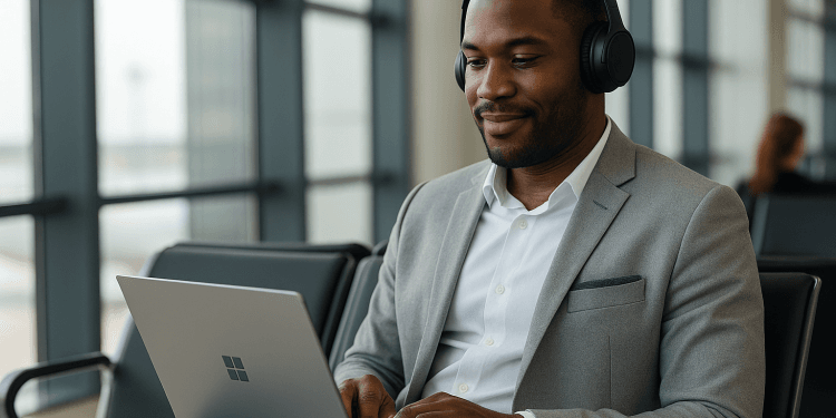 Un homme noir portant un costume gris clair sans cravate, assis en salle d’embarquement d’un aéroport avec un casque audio sur les oreilles, travaille sur un ordinateur portable Microsoft Surface posé sur ses genoux.