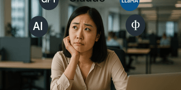 Femme asiatique pensive assise à son bureau dans un open space, avec les logos des modèles d’IA GPT, Claude, LLaMA et Phi flottant au-dessus de sa tête, illustrant son hésitation sur le modèle à utiliser.
