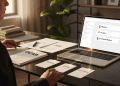 Gros plan d'un professionnel en train d'interagir avec une interface d'IA sur un ordinateur portable. L'écran affiche "Résumé", "Actions" et "Prochaines étapes" avec des lignes lumineuses les reliant à des cartes physiques sur le bureau marquées "Décision", "Action" et "Échéance". Un carnet à côté montre le texte "OCAR". Le portable, les cartes et le carnet sont nets, le fond est flou. La scène est éclairée par une lumière douce de fin d'après-midi.