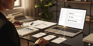 Gros plan d'un professionnel en train d'interagir avec une interface d'IA sur un ordinateur portable. L'écran affiche "Résumé", "Actions" et "Prochaines étapes" avec des lignes lumineuses les reliant à des cartes physiques sur le bureau marquées "Décision", "Action" et "Échéance". Un carnet à côté montre le texte "OCAR". Le portable, les cartes et le carnet sont nets, le fond est flou. La scène est éclairée par une lumière douce de fin d'après-midi.