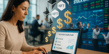 Analyste en open space sur un laptop affichant un audit de qualité; icônes NFT/Ethereum se transforment en dollars devant une salle de marché.