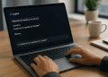 Mains d’une femme tapant sur un laptop, écran montrant Microsoft Copilot et le prompt « Quelle est la capitale du Canada ? ».
