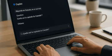 Mains d’une femme tapant sur un laptop, écran montrant Microsoft Copilot et le prompt « Quelle est la capitale du Canada ? ».