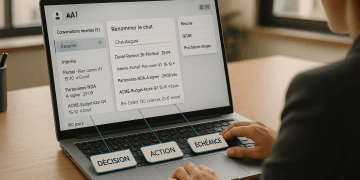Un professionnel à son bureau renomme une conversation sur un assistant AI, avec à l’écran des titres courts organisés, et sur le bureau trois cartes reliées à l’interface par des lignes lumineuses symbolisant décisions, actions et échéances.